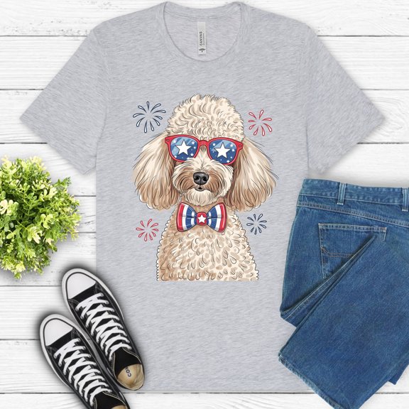 Patriotic Poodle Dog T-Shirt, Cute USA 4th of July Dog Lover Tee, Ash, M