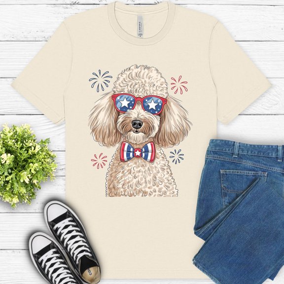 Patriotic Poodle Dog T-Shirt, Cute USA 4th of July Dog Lover Tee, Natural, S
