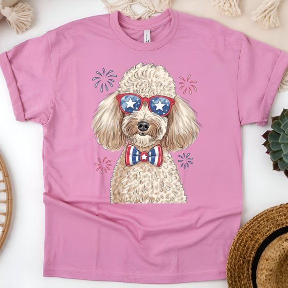 Patriotic Poodle Shirt – USA Dog with Glasses & Bowtie T-Shirt, Azalea, Size 4XL