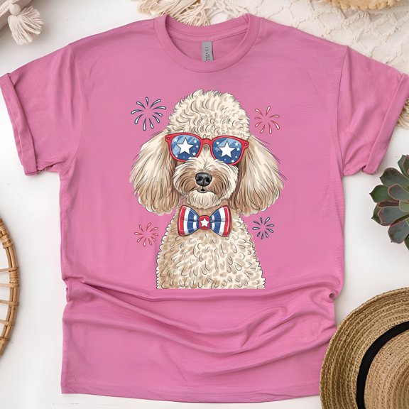 Patriotic Poodle Shirt – USA Dog with Glasses & Bowtie T-Shirt, Heliconia, Size M