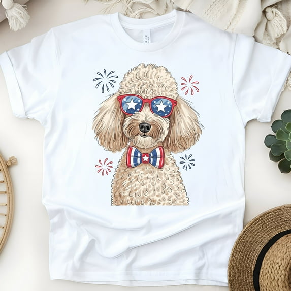 Patriotic Poodle Shirt – USA Dog with Glasses & Bowtie T-Shirt, White, Size S