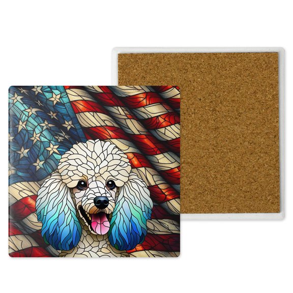 Patriotic Poodle Stained Glass Portrait American Flag Set of 4 Stone Coasters Poodles Dog Lover Gifts Idea 4x4in Absorbent Soapstone Coaster - 01010