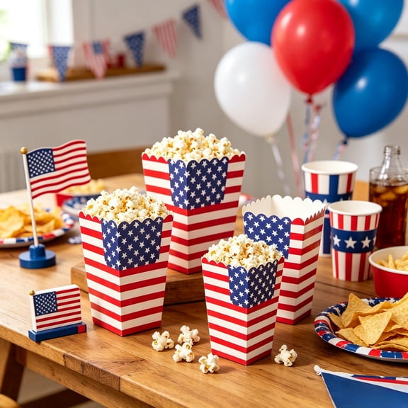 Patriotic Popcorn Boxes 4th of July Stars and Stripes Snack Containers Traditional Disposable Paper Treat Boxes with America Flag Design for Independence Day USA 250th Anniversary Party Supplies BBQ