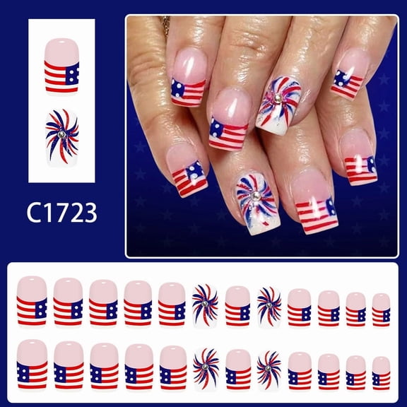 Patriotic Press On Nails 24Pcs - Fourth of July Fake Nails with American Flag Designs Short Glue On Nails for Independence Day Memorial Day Decorations Reusable Acrylic Nail Set for Women Home Party