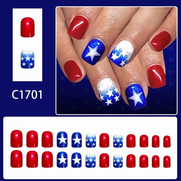 Patriotic Press On Nails 24Pcs Fourth of July Fake Nails Short Glue On Nails with Flag and Star Designs for Women Independence Day Memorial Day Decorations, Reusable Acrylic Nails
