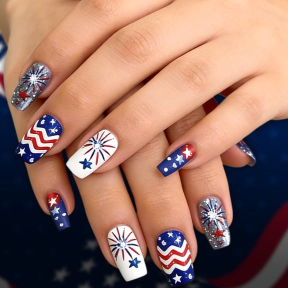 Patriotic Press On Nails, Fake Nails Set for Independence Day, Medium Coffin Shape, Red White Blue Star Stripe Glossy Finish, Reusable 24 Piece Kit