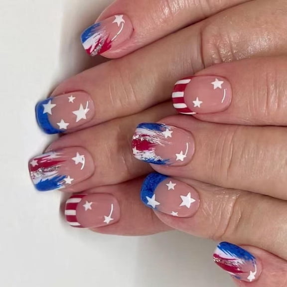 Patriotic Press on Nail Fake Nail Independence Day Artificial Glues on Nail Square False Nail 4th of July Nail Decors