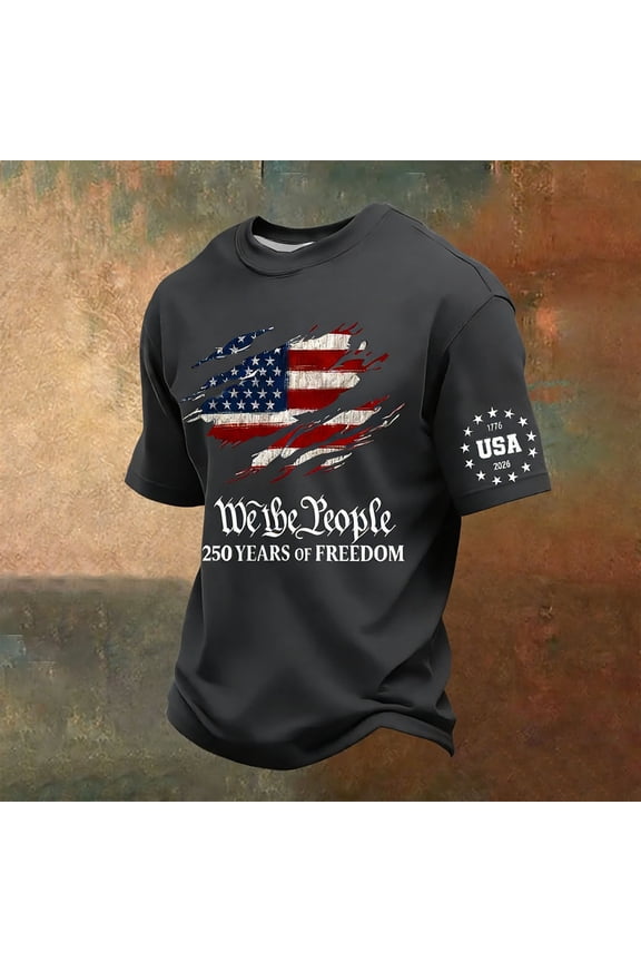 Patriotic Pullover Tees for Men Plus Size Independence Day Flag Graphic Print Short Sleeve Round Neck Casual Shirts 2026 Dark Gray M