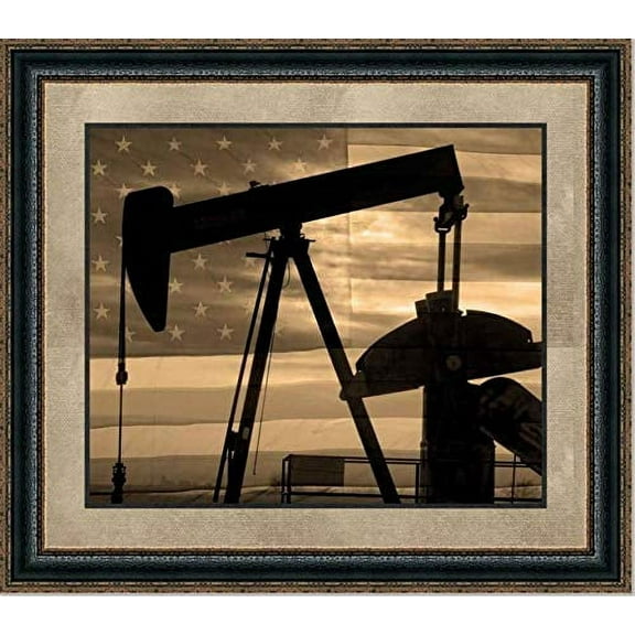 Patriotic Pump Jack | Framed Oil and Gas Art in Double Mat | 16L X 19W" Inches