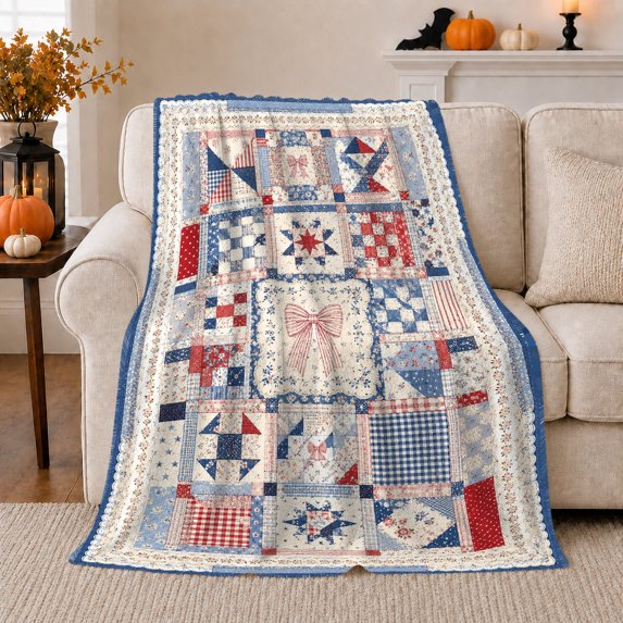 Patriotic Quilted Patchwork, Festive autumn celebration Scene, Warm Flannel Blanket for Cabin and Lodge with Detailed Artwork, Art Lovers autumn celebration Gift, Festive Home Decor