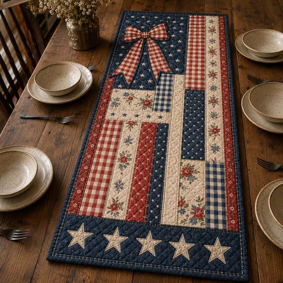 Patriotic Quilted Table Runner, Americana Patchwork Decor, Gingham Bow Accent