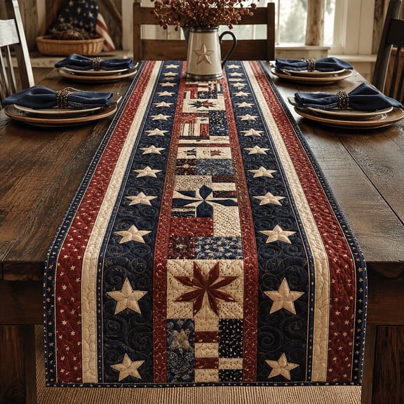 Patriotic Quilted Table Runner, Stars Stripes Patchwork Americana Decor