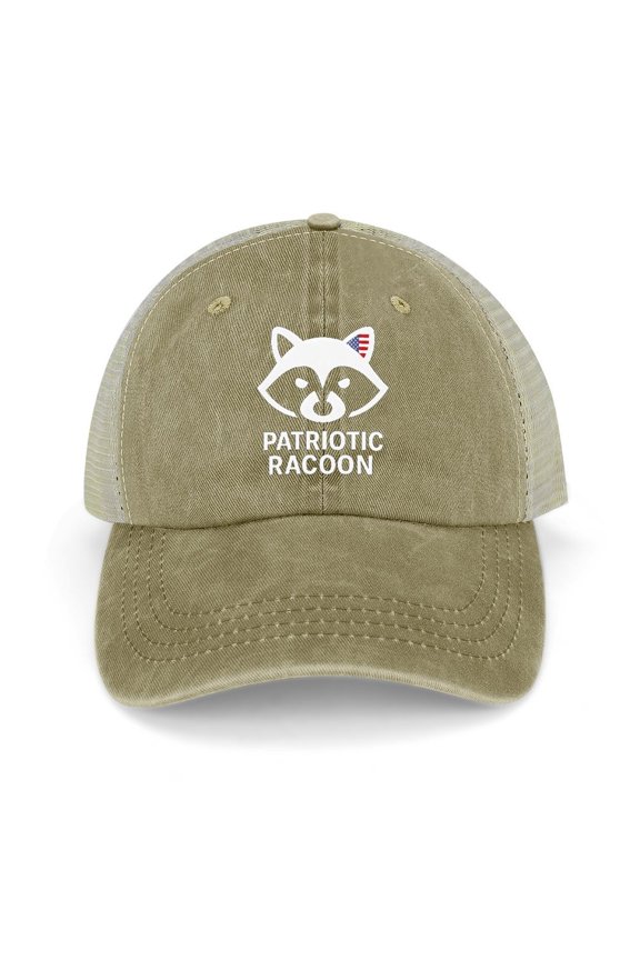 Patriotic Racoon Khaki Trucker Hat for Men Women, Adjustable Mesh Back Baseball Cap