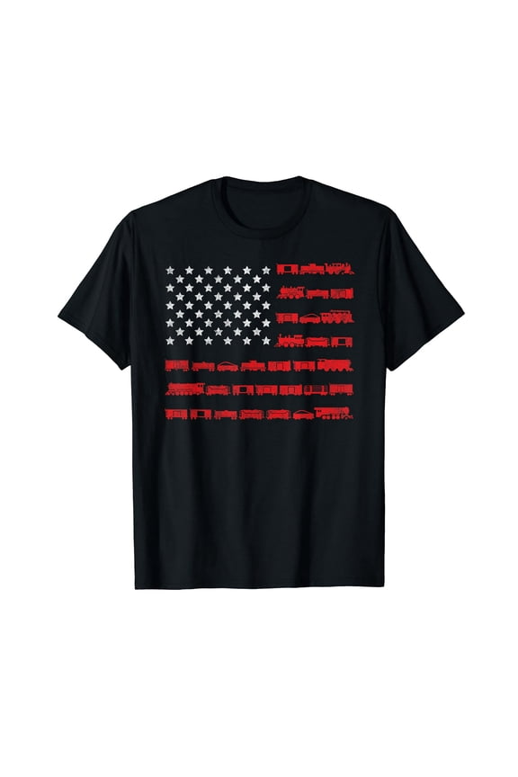 Patriotic Railroad Train Silhouette American Flag Unisex Short Sleeve Graphic Tee Shirt
