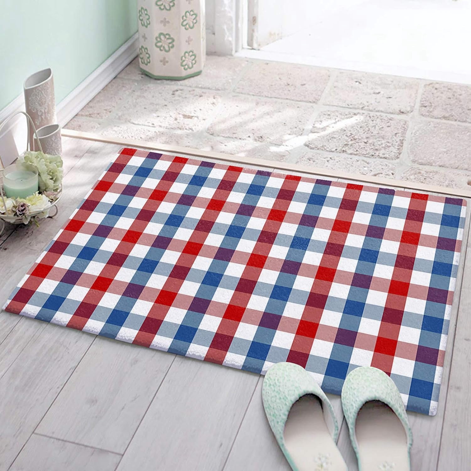 Patriotic Red Blue White Buffalo Gingham Doormat Shaggy Plush Rug ...