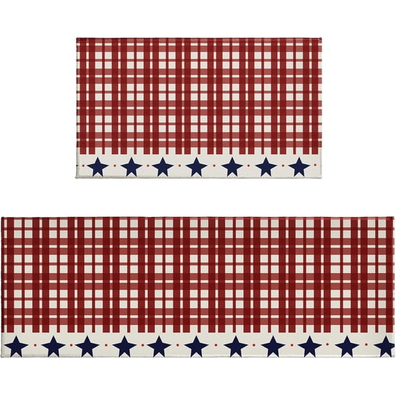 Patriotic Red Plaid Kitchen Rugs Set of 2 4th of July Independence Day Kitchen Mats for Floor Stars and Stripes Kitchen Runner Non Slip Washable for Holiday Memorial Day Decor