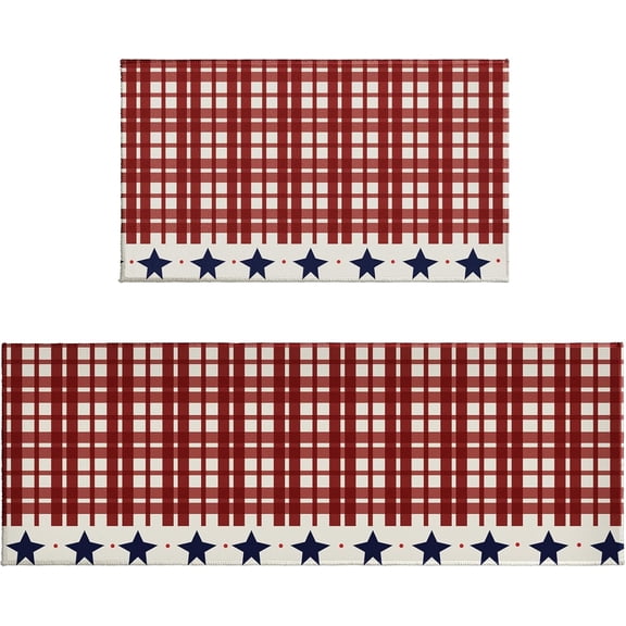Patriotic Red Plaid Kitchen Rugs Set of 2 4th of July Independence Day Kitchen Mats for Floor Stars and Stripes Kitchen Runner Non Slip Washable for Holiday Memorial Day Decor