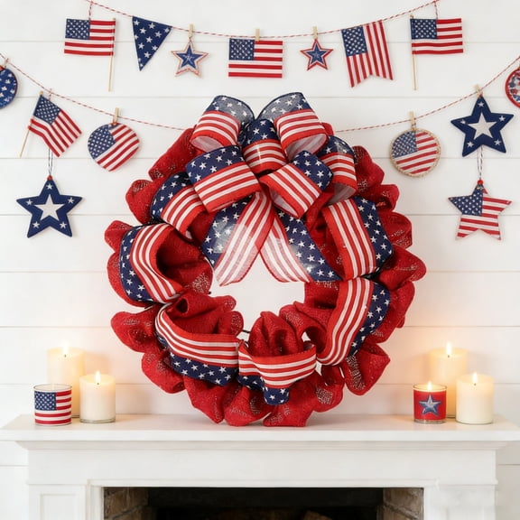 Patriotic Red Ruffled Fabric Wreath with Flag Bow – 4th of July Decor for Front Door & Mantel