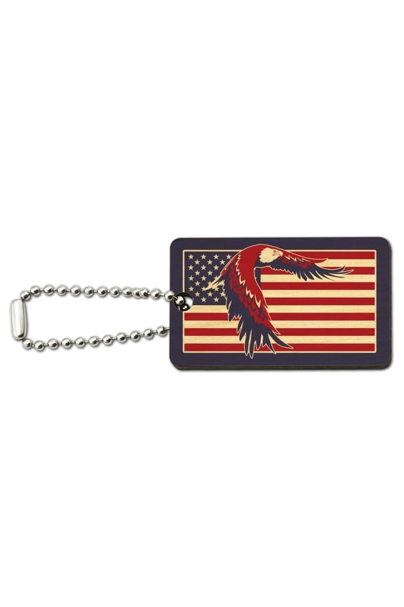 Patriotic Red White And Blue American Bald Eagle Over USA Flag Wood Wooden Rectangle Keychain Key Ring