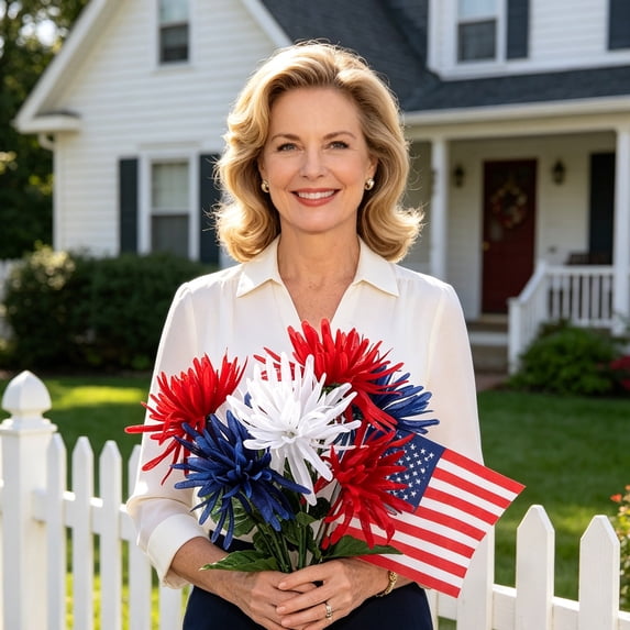 Patriotic Red White Blue Artificial Flower Bouquet 13.4" Floral Arrangement Indoor Outdoor Home Garden Porch Decor for 4th of July Memorial Day & Veterans Day