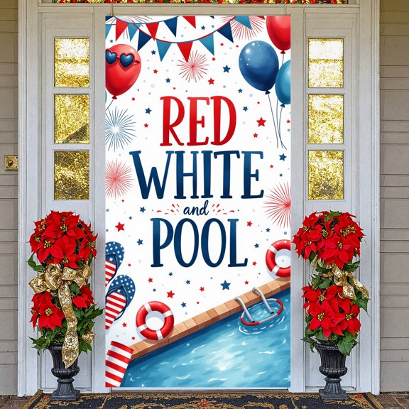 Patriotic Red White Blue Banner Star Pattern Backdrop Fireworks Design Background for 4th of July Party Summer Pool Gathering Patriotic Celebration