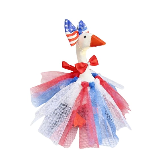 Patriotic Red White Blue Garden Goose Outfit with American Flag Bow and Tulle Tutu Dress for Holiday Decor(Black-17.78cm)