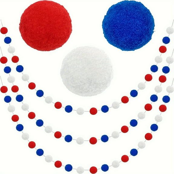 Patriotic Red White Blue Pompom Balls Garland 6.6 FT, Festive Hanging Banner Decorations for 4th of July Independence Day Memorial Day Labor Day, Indoor Outdoor Party Supplies Holiday Decor