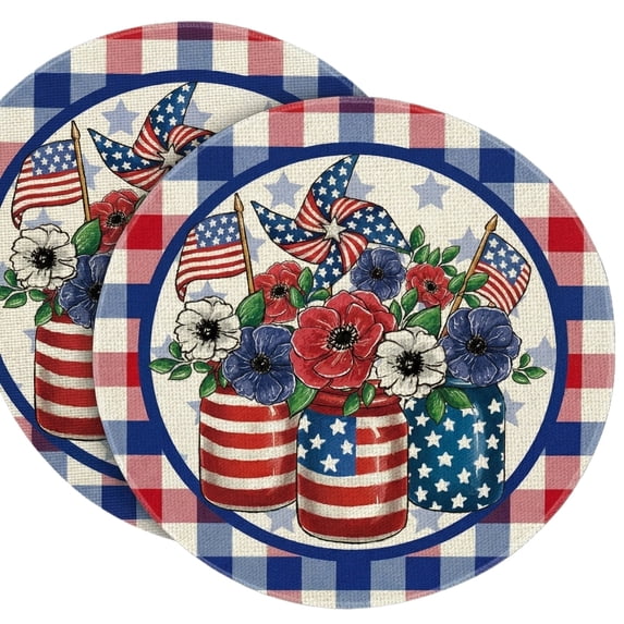 Patriotic Red White and Blue Round Linen Placemats - 2026 USA 250th Anniversary Stars and Stripes Table Decor, 14-Inch Heat Resistant Natural Fiber Dining Mats for 4th of July BBQ & Picnic