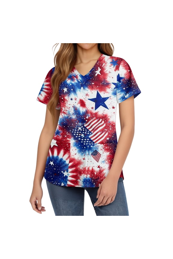 Patriotic Red White Blue Scrub Tops for Women 4th of July V Neck Short Sleeve Nurse Work Shirt