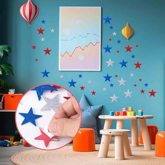 Patriotic Red White Blue Star Foam Stickers 150 Pack for 4th of July, 3D Self-Adhesive EVA Craft Stickers with Glitter Finish, Independence Day Decorations for Windows Cups Scrapbooking