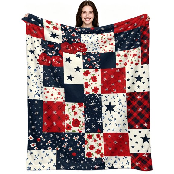 Patriotic Red White Blue Star Patchwork, Soft Flannel Fleece, Americana Rustic Style, Throw Blanket, Proud Festive, Farmhouse Decor Accent, Couch Sofa Bedroom