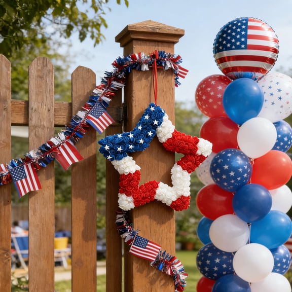 Patriotic Red White Blue Star Shape Flower Wreath for Front Door, Forth of July American Flag Color Floral Wreath for Indoor and Outdoor, Independence Day Home Decor