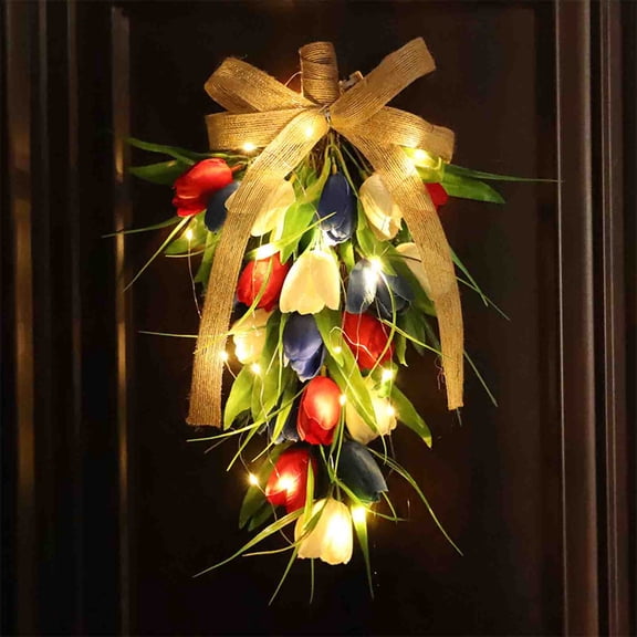 Patriotic Red White Blue Tulip Swag Wreath with LED Lights (40cm) – Artificial Upside-Down Tree for 4th of July & Independence Day Door Decor