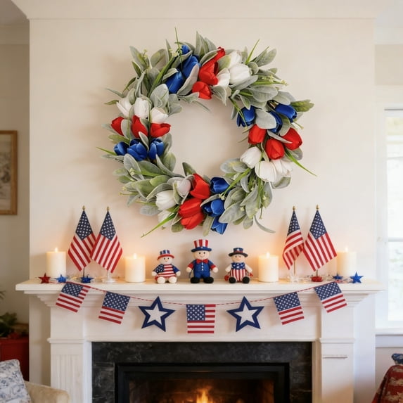 Patriotic Red White Blue Wreath for 4th of July with Burlap Bow, Artificial Greenery Floral Wreath, Independence Day Front Door Decorations Outdoor Wall Hanging for Home Porch Garden Party 15.75 Inch