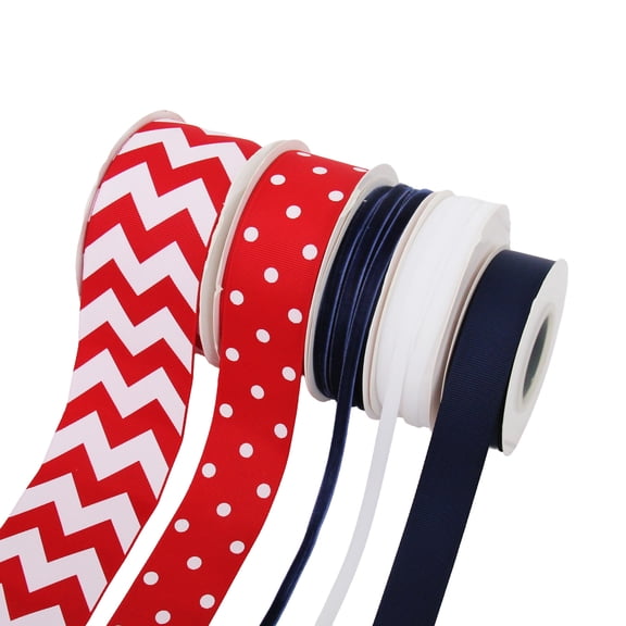 Patriotic Red, White and Navy Ribbon Assortment Set for Crafts, Gift Wrapping, Hair Bows, Party Decor, Wreaths and DIY Projects, Chevron, Solid, Polka Dot and Velvet Ribbon Rolls