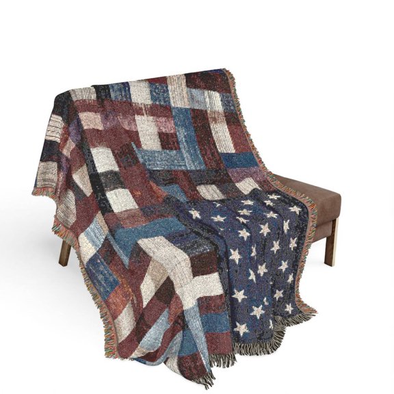 Patriotic Red, White and Blue Patchwork Woven Throw Blanket, 100% Cotton Americana Style for Living Room