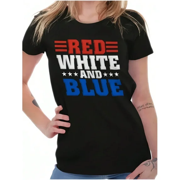 Patriotic Red White and Blue Stars and Stripes Women's Graphic T-Shirt Black