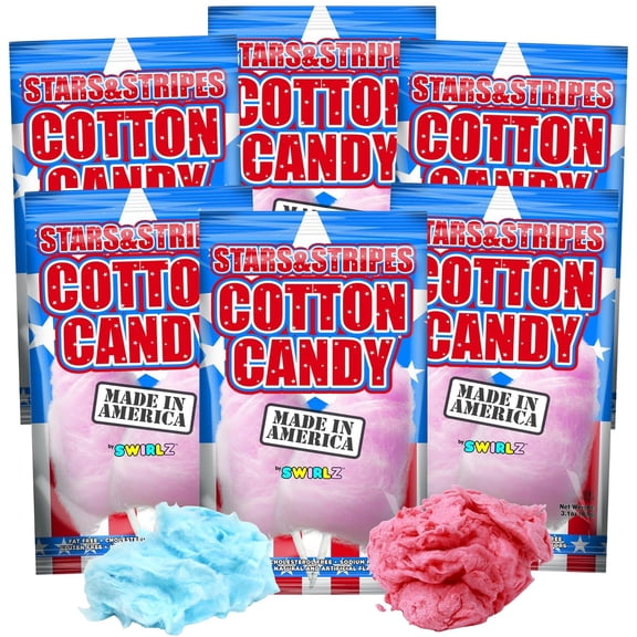 Patriotic Red and Blue Cotton Candy, Classic Carnival Snacks, Made in USA, 3.1 Ounces Each, Pack of 6