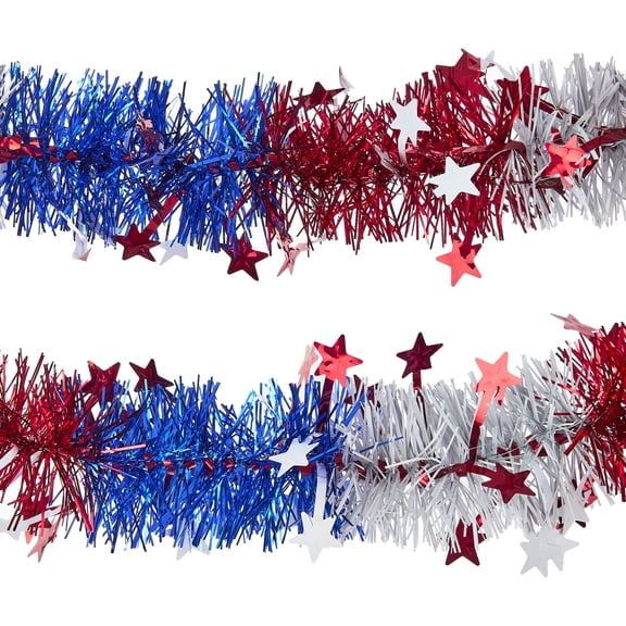Star Tinsel Garland, Red/Silver/Blue, 8', Patriotic by Way To Celebrate