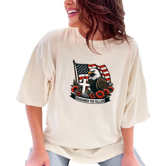 Patriotic Remember the Fallen Eagle American Flag Cross Poppy Flowers T-Shirt, Memorial Honor Veterans Tee, USA Pride Gift Shirt, Ivory Comfort Colors T-Shirt, XL