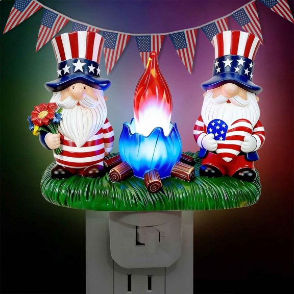 Patriotic Resin Gnome Figurine Night Lights, with Decorative Hat and Flickering Led Bulbs, Plug-In Accent Lamps for Independence Day Decor/Bedroom Ambiance/Entryway Ornamental Display, Colorful