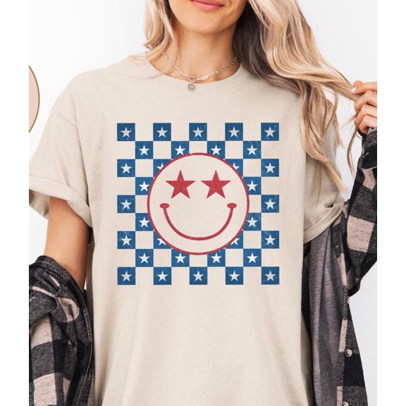 Patriotic Retro Checkered T-Shirt, Smiley Face America Shirt, Memorial Day Shirt, Independence Day Gift, 4Th Of July Shirt For Girls
