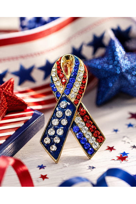 Patriotic Rhinestone American Flag Ribbon Brooch,  Red White Blue Ribbon Pin, 4th July Independence Day Jewelry