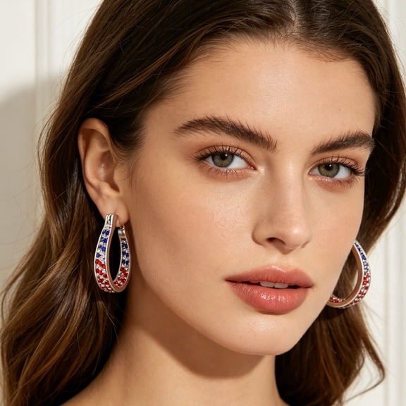 Patriotic Rhinestone Hoop Earrings, Red Blue Sparkly Statement Earrings, 4Th of July Fashion Ear Jewelry, Trendy Shiny Ear Accessories for Women Independence Day Daily Outfit