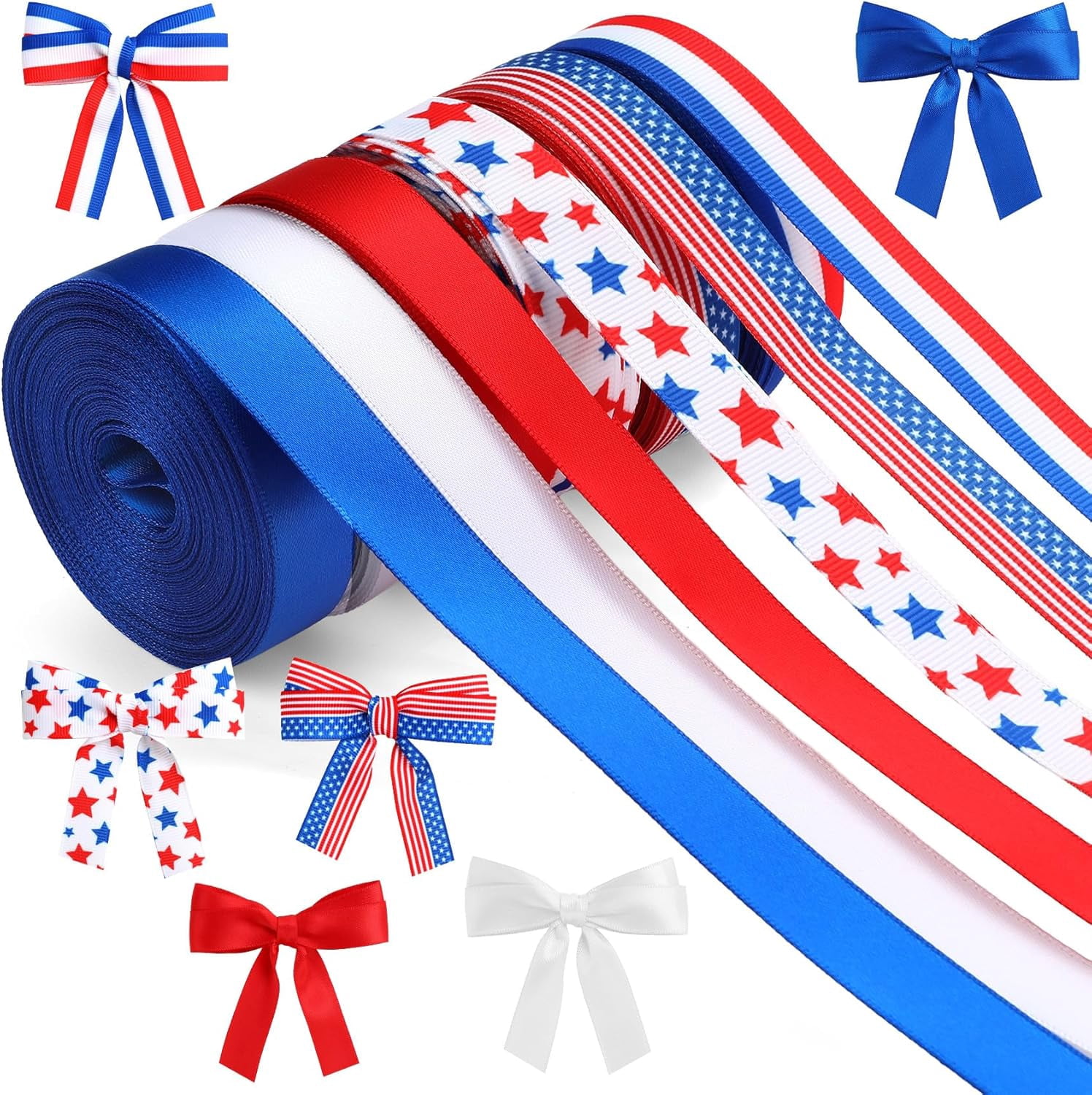 Patriotic Ribbon 4th of July 6 Rolls 60 Yards Red White and Blue Satin Ribbons 3/8 Inch Stars Stripes Grosgrain for Gift Wrapping Memorial Day Crafts Bouquet Hair Bows Making