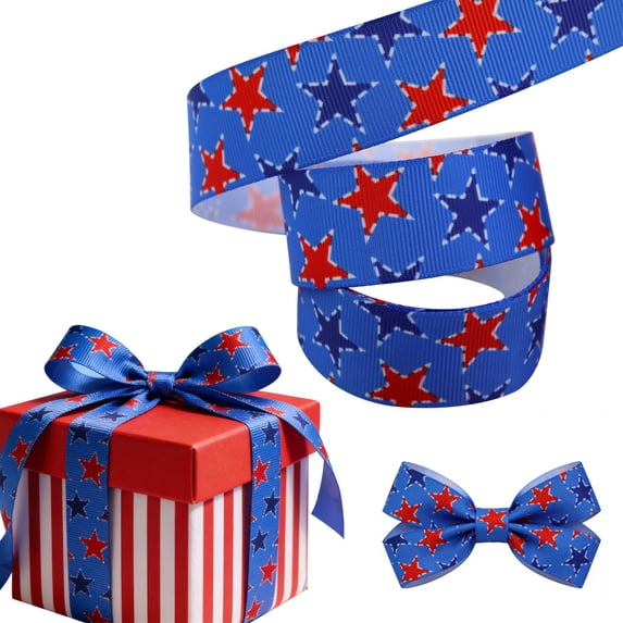 Patriotic Ribbon,Red White Blue Grosgrain Ribbon Patriotic Stars Stripes Fabric Ribbon for Memorial Day Gift Wrapping, Party Decoration, DIY Crafting and Sewing,1 Inch x 10Yard
