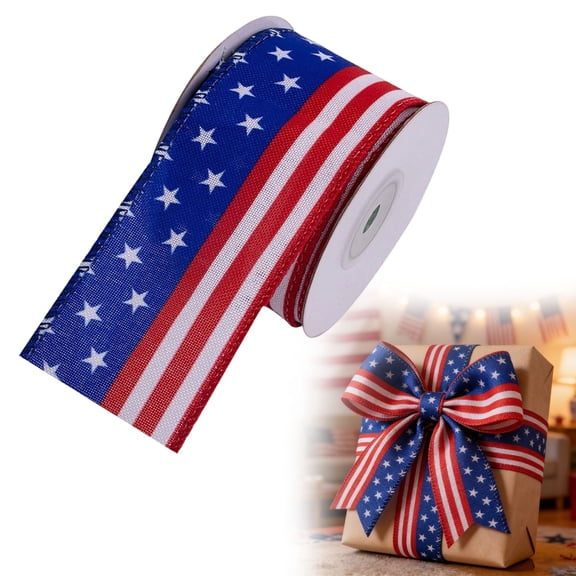 Patriotic Ribbon Wired 1 Roll 1.5 Inch x 5 Yards Total,Red White Blue Star,Strip 4th Of July Ribbon For America 250th Anniversary Decor,Independence Day & Memorial Day Crafts,Red White Blue Ribbon