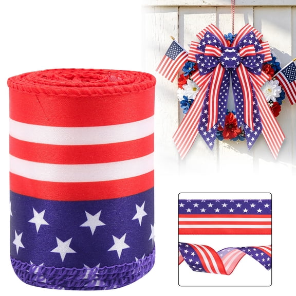 Patriotic Ribbon Wired 250th Birthday Decoration 5 Yards Patriotic Wired Edge Ribbon 4th of July Decorative for Independence Day Memorial Day DIY Crafts, Red White and Blue Ribbon Stars Stripes