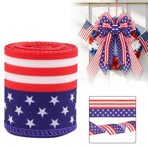 Patriotic Ribbon Wired 250th Birthday Decoration 5 Yards Patriotic Wired Edge Ribbon 4th of July Decorative for Independence Day Memorial Day DIY Crafts, Red White and Blue Ribbon Stars Stripes