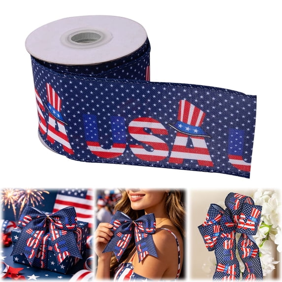 Patriotic Ribbon Wired, Red White Blue Star, Stripe & Plaid 4th of July Ribbon for Anniversary Decor, Independence Day & Memorial Day Crafts, Blue